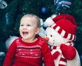 Baby girl toddler with blue eyes in red dress sitting by New Year tree near snowman toy Royalty Free Stock Photo