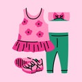 Baby girl tunic and legging and headband and sneakers color concept.