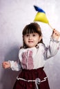 Baby Girl Ukrainian in embroidery dress protesting war conflict raises national flag Royalty Free Stock Photo