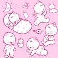 Babies sleeping, playing, walking, drinking milk, and crawling. Vector illustration