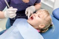 Baby girl visiting stomatology clinic. Dentist making checkup of kids teeth. Children tooth and mouth healthcare Royalty Free Stock Photo