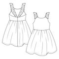 Baby Girls Summer dress flat sketch template. Infant Girls Technical Fashion Illustration. Back Zipper Opening. Frill Straps