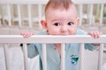 Baby gnaws at the edge crib during teething itching. Funny child scratching his teeth on the rail bed, age six months Royalty Free Stock Photo