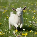 Baby goat frolics in field with flowers Adorable playtime Royalty Free Stock Photo