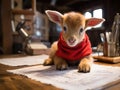 Baby goat writing at tiny desk with quill