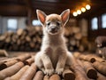 Baby goat yoga instructor poses on mat