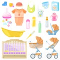 Baby goods vector icons and design elements. Color kids stuff for feeding, nursery, bathing, walking. Royalty Free Stock Photo