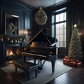 A baby grand piano in a beautiful Christmas decorated room Royalty Free Stock Photo