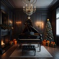 A baby grand piano in a Christmas decorated room Royalty Free Stock Photo