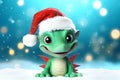 Baby green dragon in red hat