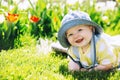 Baby in green grass of tulip field at springtime Royalty Free Stock Photo