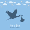 baby greeting card with cartoon stork with newborn baby boy