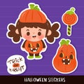 Baby Halloween children with pumpkin sticker cute vector for party kawaii character