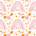 Baby Halloween seamless pattern with cute pink bats and rainbows.