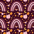 Baby Halloween seamless pattern with cute pink bats and rainbows. Royalty Free Stock Photo