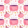 Baby Halloween seamless pattern with pink ghosts, cauldron and witch potions