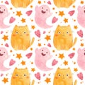 Baby Halloween seamless pattern with pink ghosts and plump ginger cats.