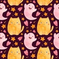 Baby Halloween seamless pattern with pink ghosts and plump ginger cats.