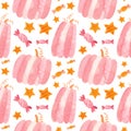 Baby Halloween seamless pattern with pink pumpkins.