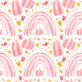 Baby Halloween seamless pattern with pink rainbows and pumpkins.