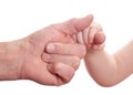 Baby hand hold father finger on white Royalty Free Stock Photo