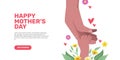 Baby hand holding mom hand with love for mother day celebration cute illustration with beauty bloom flower