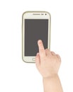 Baby hand pointing white smart phone Royalty Free Stock Photo