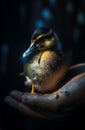 duckling little yellow bird hand child duck farm girl close-up. Generative AI.