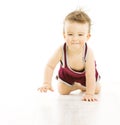 Baby happy smiling with uncombed hairs, active tousled boy in sp