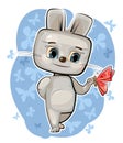 Baby Hare is friends with a butterfly. Funny comic little rabbit animal stands and smiles. Cute cartoon style. Childrens