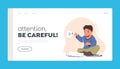 Hazard Attention Landing Page Template. Kid In Dangerous Situation, Child Play With Electricity Turn on Plug in Socket