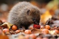 baby hedgehog climbing over autumn leaf pile, with hazelnut in its mouth