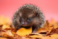 baby hedgehog sitting on pile of autumn leaves, with its prickly quills and black eyes in full view