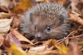 baby hedgehog sitting in pile of fallen leaves, its brown fur and white quills visible