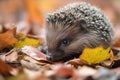 baby hedgehog snuffling its nose in pile of fallen leaves Royalty Free Stock Photo