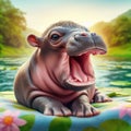 Baby Hippo Yawning on a Colorful Blanket by the Water