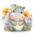 Cute Baby Baby Hippopotamus Floral, Spring Flowers, illustration ,clipart, isolated on white background