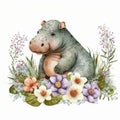 Cute Baby Baby Hippopotamus Floral, Spring Flowers, illustration ,clipart, isolated on white background