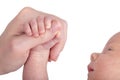 Baby holding mothers thumb