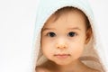 Cute baby wrapped into hooded towel after a bathing Royalty Free Stock Photo