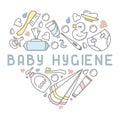 Baby hygiene elements. Linear style vector illustration