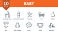 Baby icon set. Collection contain stroller, diaper, beanbag, family, child, safety, lollipop, toy, duck, ball, swing Royalty Free Stock Photo