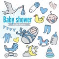 Baby icon set, vector illustration hand drawn in doodles Royalty Free Stock Photo
