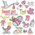 Baby icon set, vector illustration hand drawn in doodles Royalty Free Stock Photo