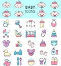 Baby icons vector kids toy for infant boys or girls in babyroom and childs bottle or stroller illustration set of Royalty Free Stock Photo