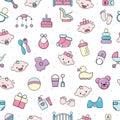 Baby icons vector kids toy for infant boys or girls in babyroom and childs bottle or stroller illustration set of Royalty Free Stock Photo