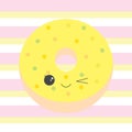 Baby illustration with cute yellow donut on pink and yellow stripes background