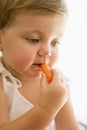 Baby indoors eating carrot. Royalty Free Stock Photo