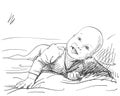 Baby infant on bed laying on belly with head up, Vector sketch, Hand drawn