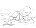 Baby infant on bed laying on belly with head up, Vector sketch, Hand drawn line art